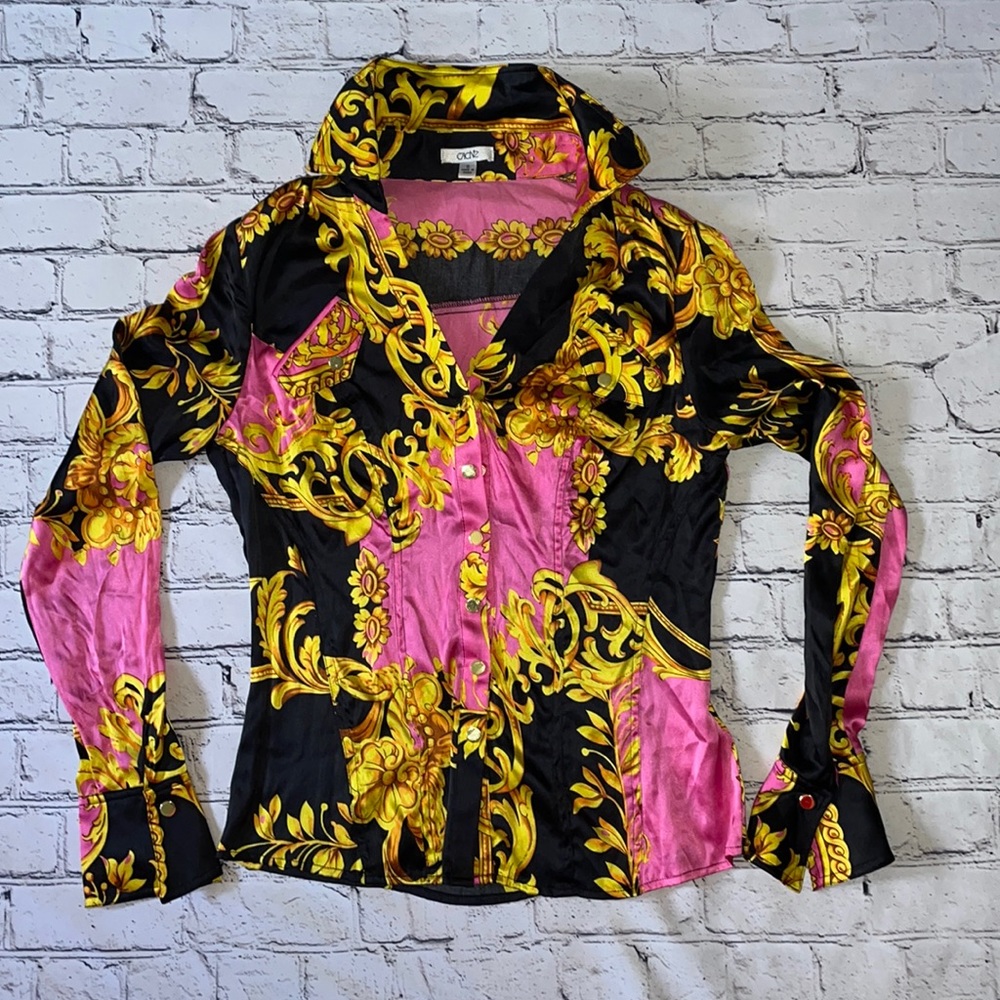 Cache VTG 90s Colorful Silk Spandex Snap Button Bell Sleeve Blouse SZ Small